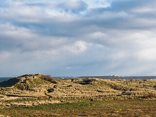 View over sand dunes at Warkworth, Northumberland, UK to Coquet Island and lighthouse.