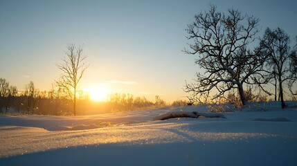 Winter Sunset Landscape with Snow Covered Trees