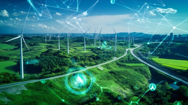 Wind turbines are producing sustainable energy, minimizing pollution, and contributing to a greener future with advanced technology seamlessly integrated into the landscape