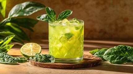 Sunny Green Drink with Basil and Spinach, Lime,  on Wooden Tray