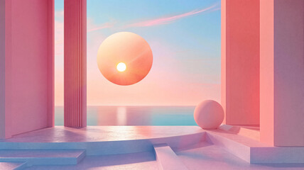 A room in pastel pink colors with a large sun.  The sun is surrounded by water and the room is illuminated by the sun.
