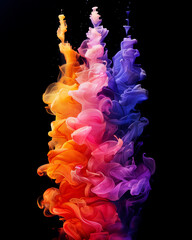 The image captures a vertical plume of multicolored paint, flowing in various shades of rainbow, against a dark background
