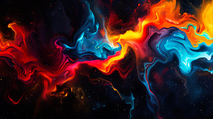 Abstract abstract wavy bright multicolored paint patterns that are in motion on black background
