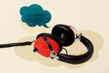 Contemporary art banner collage of modern headphones wire playlist speech icon cloud communication talk music chatterbox