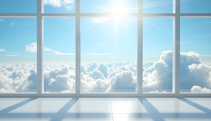 Serene sky view through window with radiant clouds and sunlight
