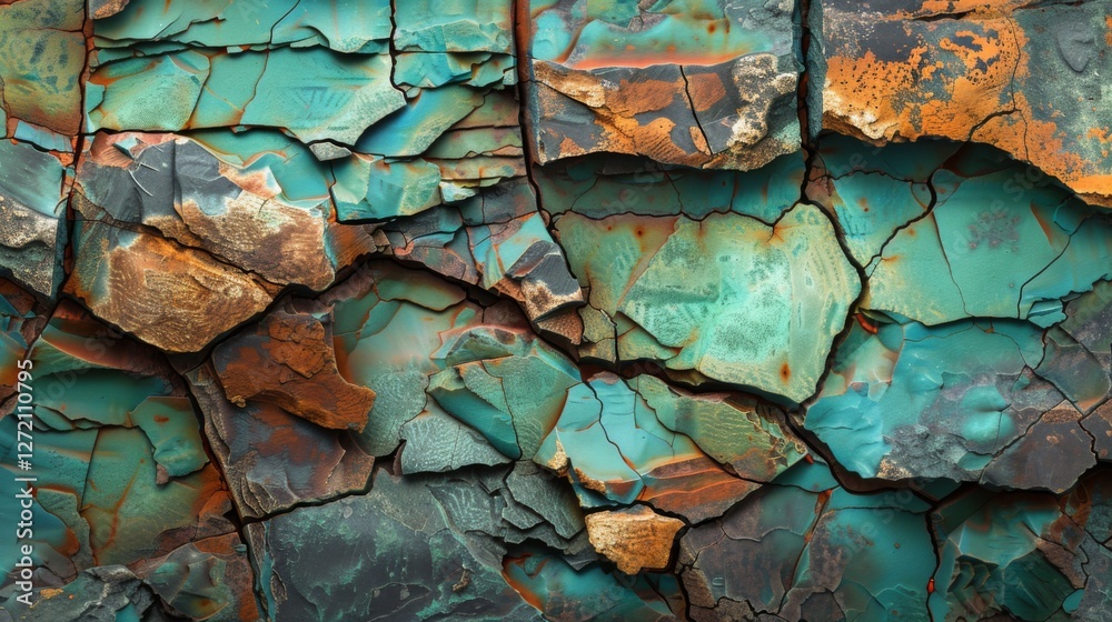 Leinwandbilder an intricate surface displays a mix of turquoise and orange tones, emphasizing cracked layers that s