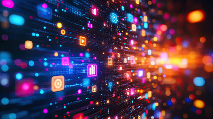 Fototapeta premium Digital landscape with colorful icons and data streams