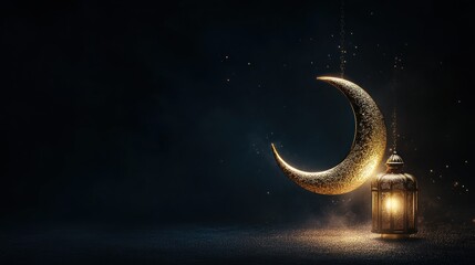 traditional arabic lantern with glowing crescent moon at night, with copy space for text