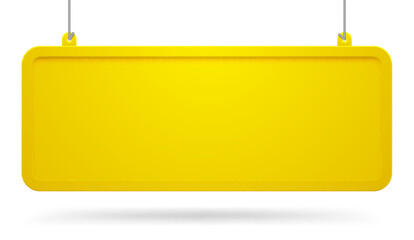 Long horizontal yellow hanging sign board with embossed frame and rounded corners isolated on white. Vector illustration in 3d style