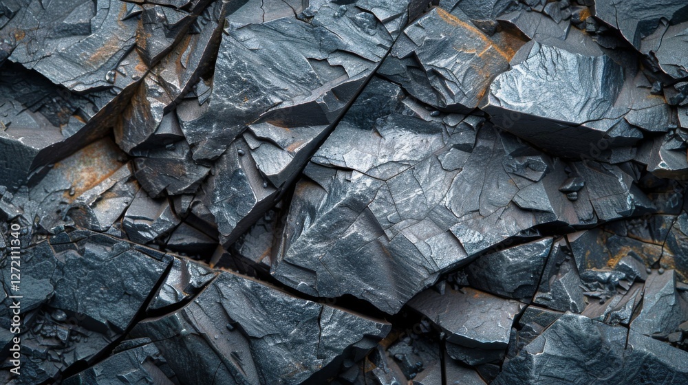 Poster Broken pieces of gray slate rock create a textured surface, highlighting the angular shapes and diverse shades of gray. The natural mineral patterns add visual interest and depth.