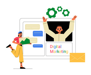 Digital Marketing Strategy With Male Specialist And Email Campaign In Flat Vector Illustration Symbolizing Online Advertising And Promotion, Isolated On White Background.