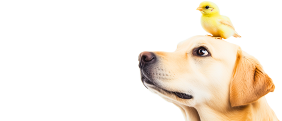 golden retriever / labrador dog looking up with cute, curious baby chicken sitting on his head; concept of funny farming & domestic animal, easter / spring  new life object