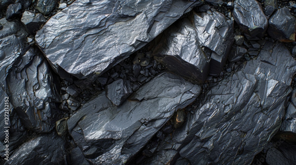 Poster close up view of dark slate rocks scattered on the ground at a coastal location, showcasing their sh