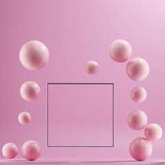 A minimalist 3D render featuring a silver square frame surrounded by floating pink spheres of varying sizes against a soft pink background.This abstract composition creates a sense of playful elegance