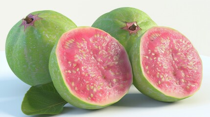 Bright green guava fruits are vividly displayed with one cut in half showcasing their luscious pink flesh and seeds. Ideal for health-focused meals or snacks they highlight freshness and nutrition