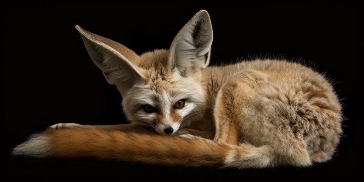 A fennec fox is curled up with its large ears perked showcasing its delicate features and soft fur against a solid dark background