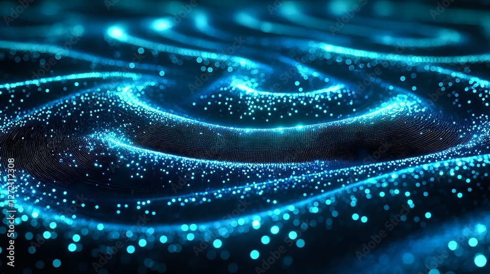 Poster glowing blue particles form dynamic waves against dark background, creating futuristic abstract patt