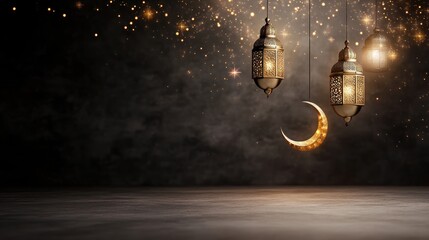 ramadan ornate lanterns and golden crescent moon with stars background