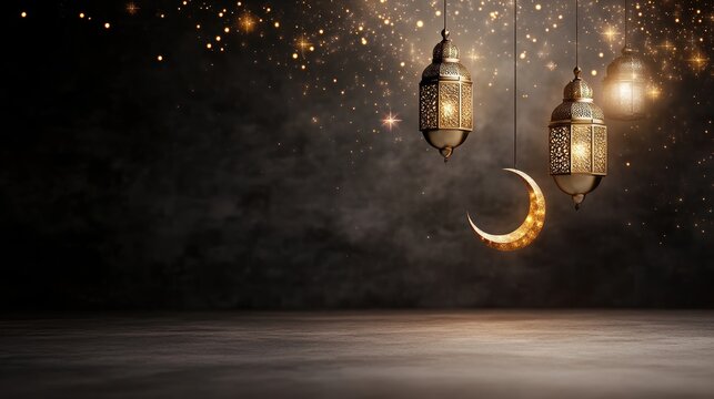 ramadan ornate lanterns and golden crescent moon with stars background