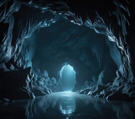 Dark icy cave with an entrance to hidden chamber in a cool blue dimly lit environment, cold caverns , icy terrain