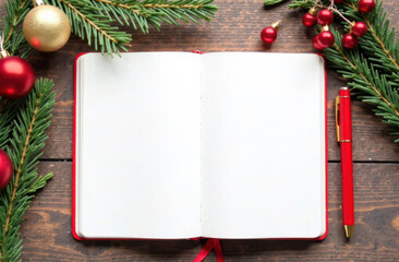 Open notebook with christmas decorations and red pen on wooden table