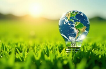 Light bulb protecting planet earth in green grass field at sunset