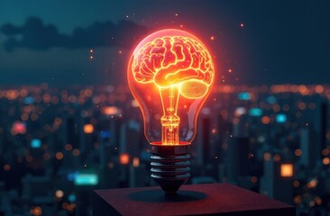 Glowing brain inside light bulb illuminating city at night symbolizing ideas and innovation