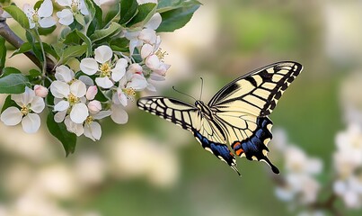 
cute little swallowtail butterfly flies among the white flowers of the apple tree in the spring sunny gardenv

