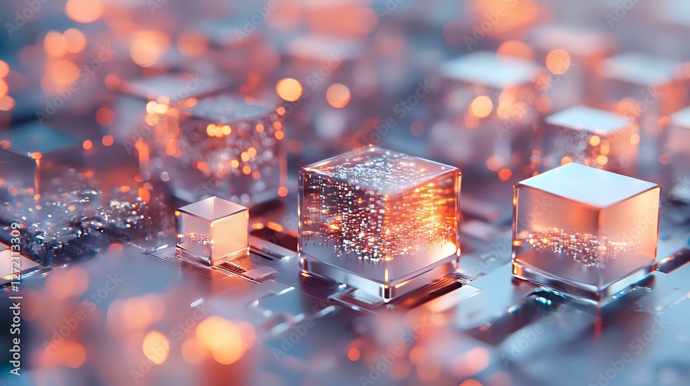 Poster glowing translucent cubes with orange light effects on reflective surface, abstract technological ba