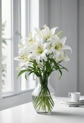 delicate lily flowers in a vase on a clean white table, flowers, clean, white