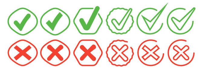 Set of red cross and green checkmark. Wrong and right. Collection trendy symbol. Icons. Hand drawn. Doodle. Textbox and checkbox. Frame vote. Button. No, yes. Mark flat line. False, reject, сorrect