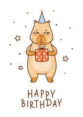 Cute сartoon capybara with gift  isolated on white background - funny animal for Your Birthday greeting card design