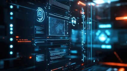Fototapeta premium Complex digital interface showcasing global network activity, data analysis, and potential cyber threats, highlighting the importance of cybersecurity in a technologically advanced world