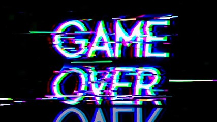 Glitchy game over text with neon colors on black background, retro gaming concept
