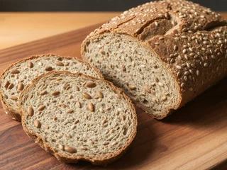 Selbstklebende Fototapeten Freshly baked whole-grain bread with seeds, sliced and arranged on a rustic wooden cutting board. © Eyhenia