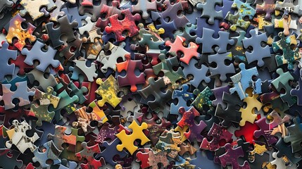 Scattered colorful jigsaw puzzle pieces creating chaotic pattern, mixed unsolved parts in blue, red, yellow and various bright colors on dark background.