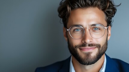 Obraz premium Confident mixed race businessman with beard and glasses smiling at camera. Professional portrait against blue background shows modern leadership and success.