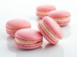 Delicious pink macarons arranged on a white background ready for serving or tasting
