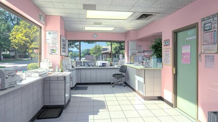 Fototapeta premium Bright Pink and Gray Office Interior with Sunlight Streaming Through Window