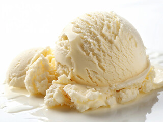 Scoop of creamy vanilla ice cream melting on a white surface under soft light
