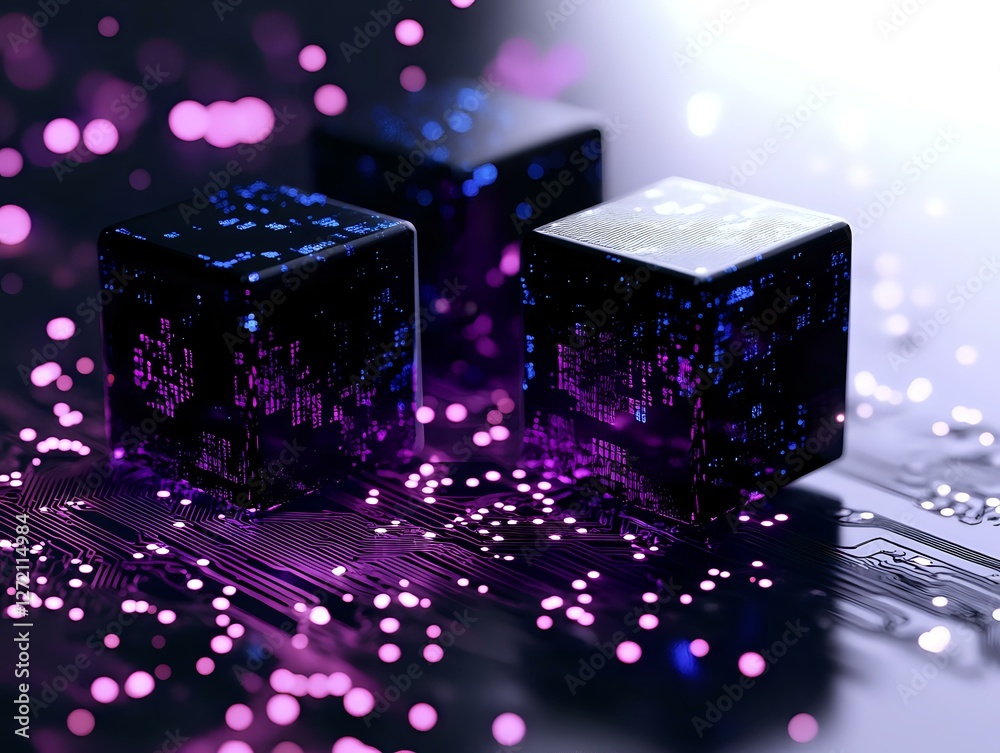 Poster glowing digital cubes on circuit board with purple bokeh lights creating futuristic technological at