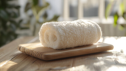 Rolled white towel on a wooden tray, sunlight streaming through the window, creating a calming spa vibe.