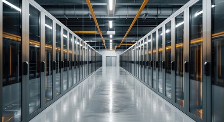A modern data center corridor with rows of server racks and bright overhead lights, showcasing a sleek, high-tech environment.