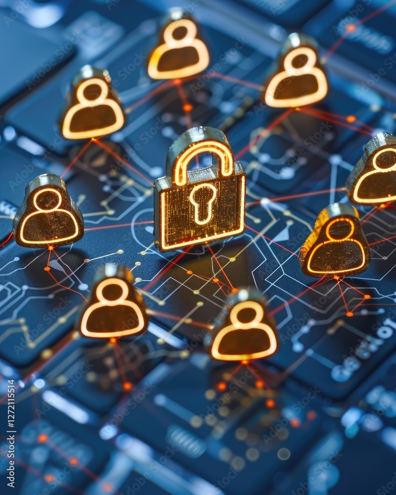 Poster a digital representation of cybersecurity, featuring a lock symbol surrounded by user icons on a cir