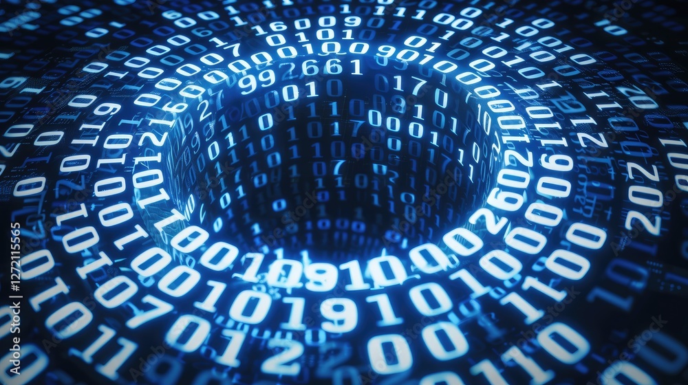 Poster a swirling vortex of binary code, illustrating the concept of data flow and digital information in a