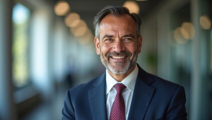 Fototapeta premium Handsome hispanic senior business man in confident pose smiling at camera. Indian or latin confident mature good looking middle age leader male businessman on blur office background with copy space