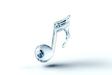Musical note made of clear ice or glass floating with soft shadow on white background, frozen water art sculpture concept for music and winter themes.