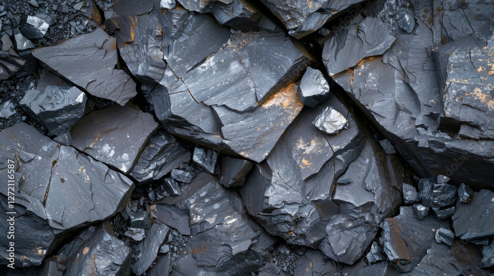 Poster The close up view reveals dark mineral formations that exhibit sharp edges and cracked surfaces, highlighting the natural beauty and complexity of the geological landscape in a mining area.