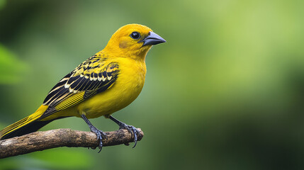 Vibrant golden oriole (oriolus oriolus) perched on a branch against a green blurred background.