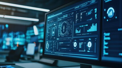 Futuristic user interface with graphs and statistics is displayed on a computer screen in a modern monitoring room, suggesting advanced data analysis and cyber security measures
